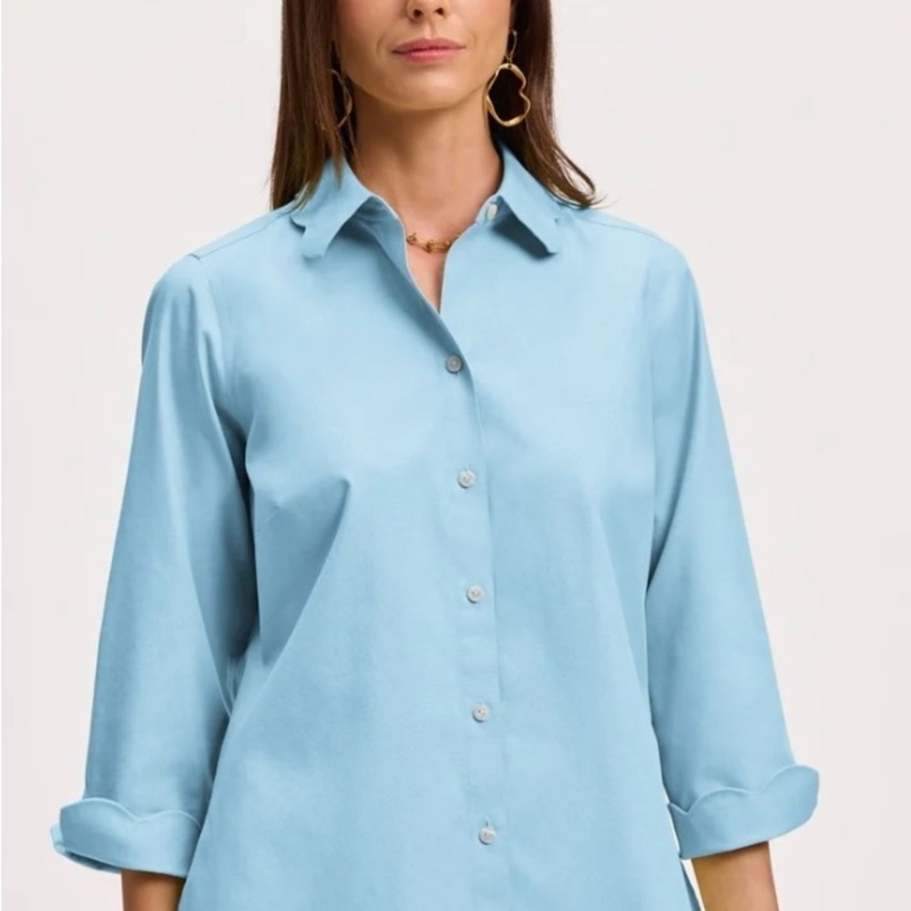 Foxcroft NYC teal polka dot cotton shirt, size 12P..